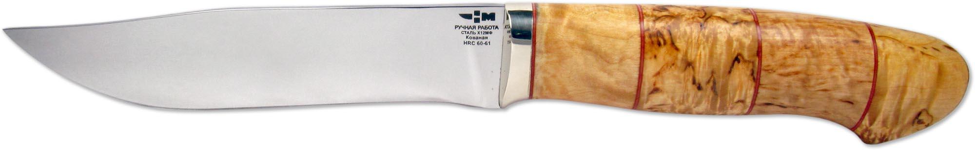БИЗОН (9559)к Нож охотничий кованая сталь х12мф, карелка, полная взрезка, оковка зеркальное литьё мельхиор