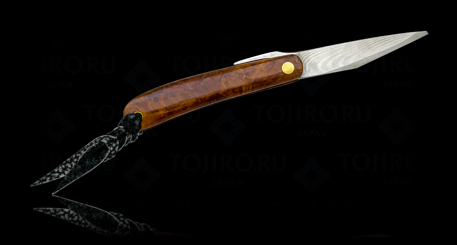 Нож складной Хигоноками Nagao, длина клинка 100мм, сталь Kigami, рукоять Сталь дамасская 18-8, заточка #4000