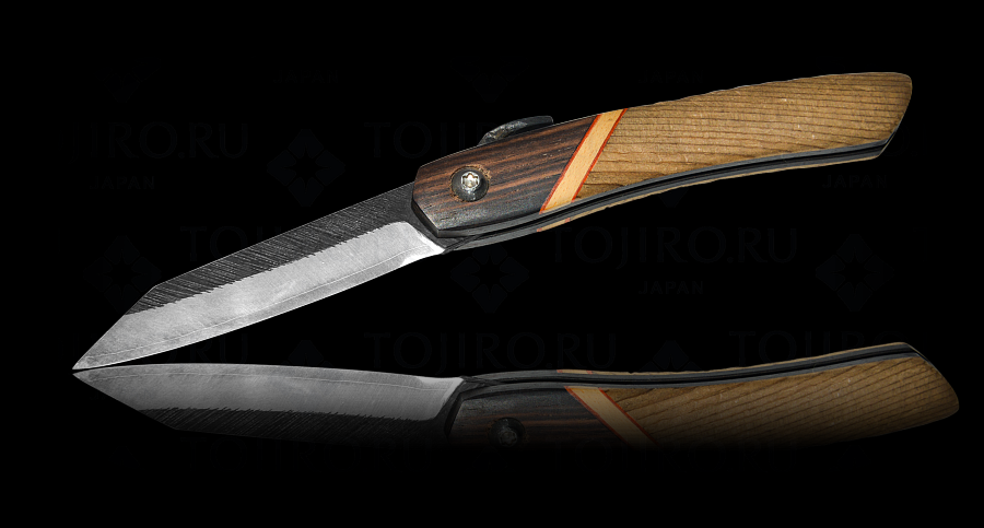Нож складной Хигоноками Nagao, длина лезвия 80mm, сталь Kigami дамасск, рукоять  красное дерево, заточка #4000
