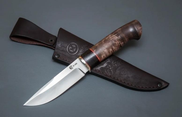 Нож Соболь, сталь S 390, мельхиор,зуб мамонта, рукоять  стабилизированная карельская береза